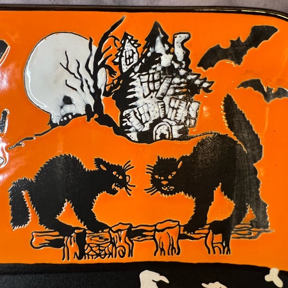 Happy Halloween Square Salad Plate Dancing Witch Skeletons Cats Oct 31 Bones - Picture 7 of 8